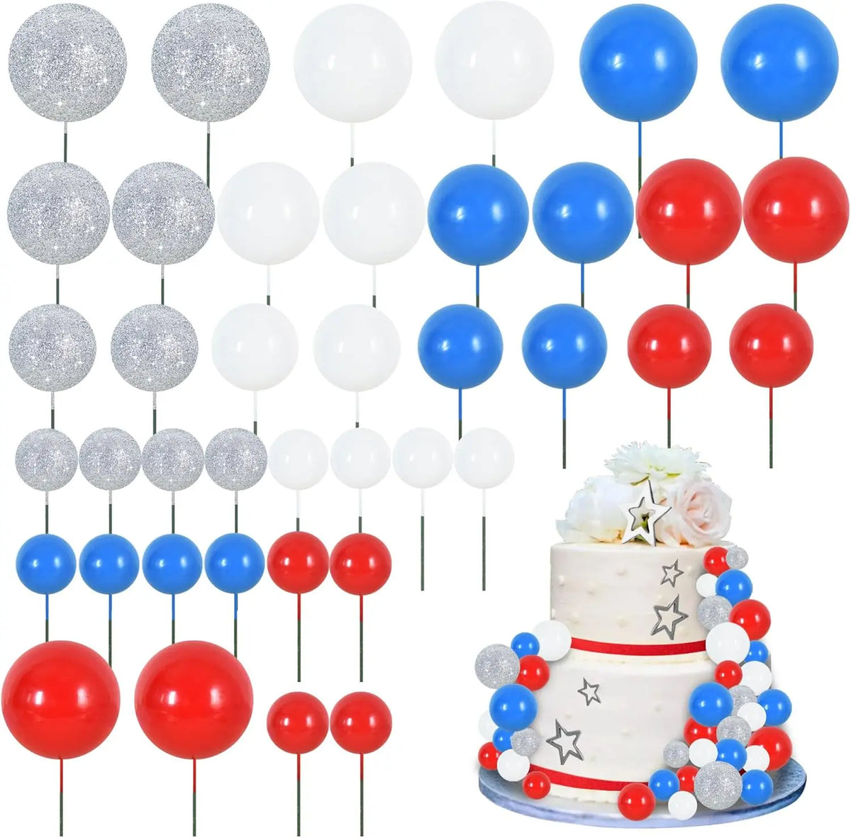 A set of colorful foam ball cake toppers in various colors including silver, white, blue, and red.