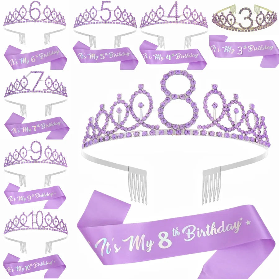 A set of purple princess birthday tiara crowns and sashes for girls celebrating 3rd through 10th birthdays.
