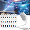 A white projector night light with a remote control and power cord displayed next to a bedroom scene.