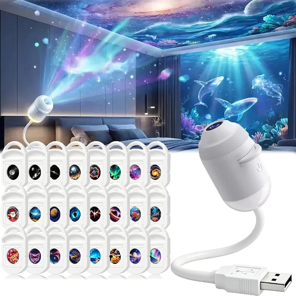 A white projector night light with a remote control and power cord displayed next to a bedroom scene.