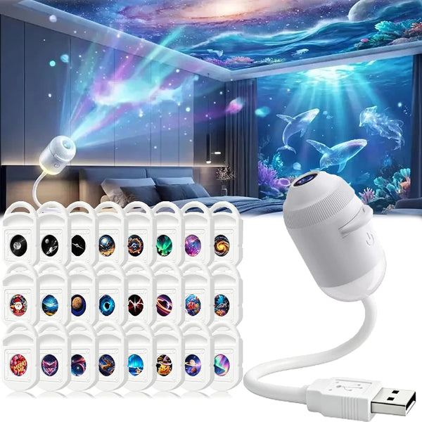 A white projector night light with a remote control and power cord displayed next to a bedroom scene.