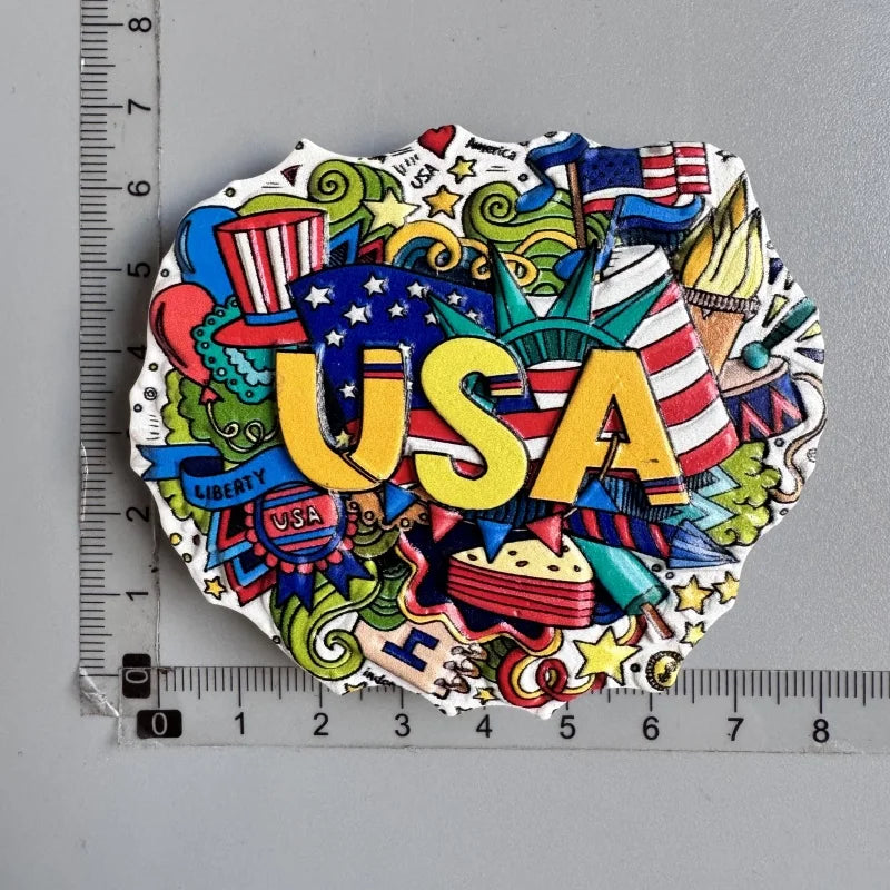 A colorful collage of patriotic and American themed designs on a white background.