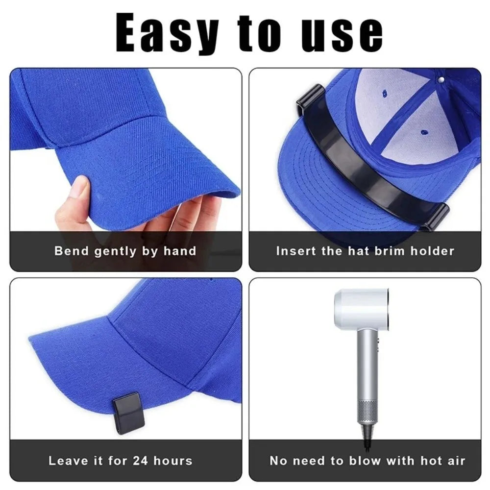 Instructions for using an adjustable hat brim shaper tool to gently bend a hat and insert the brim holder.