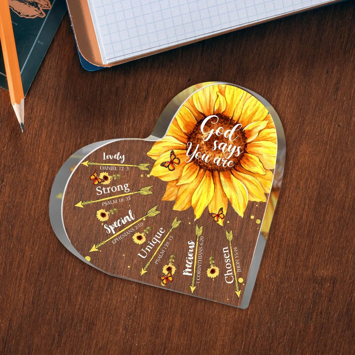 A heart-shaped sunflower plaque with inspirational Bible verses like God says you are strong special unique and chosen.