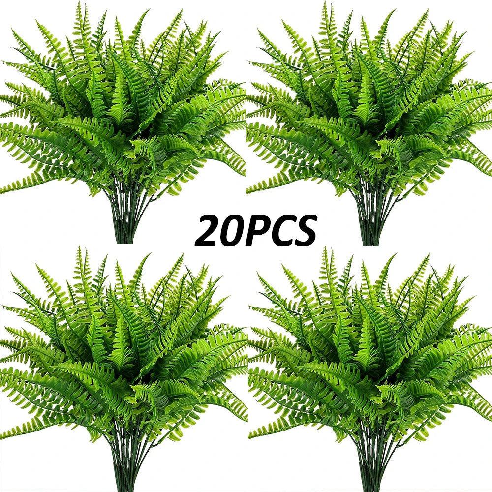 A set of twenty artificial Boston ferns and faux shrubs used for home decor.