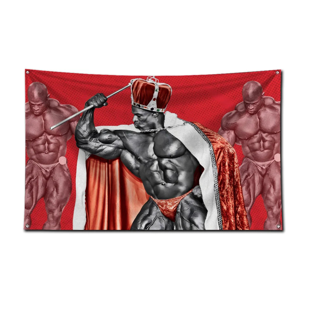 A flag featuring a muscular Black man in a crown and royal robes, set against a red background.