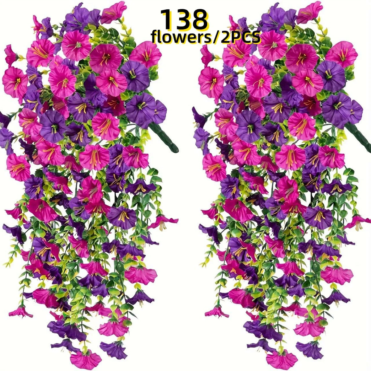 Two bunches of artificial morning glory flowers and eucalyptus leaves for hanging decor