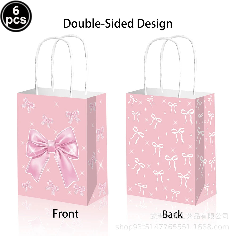 Pink double-sided paper bags with bow handles shown from the front and back.