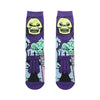 Pair of purple novelty crew socks featuring skull, alien, and tiger prints.