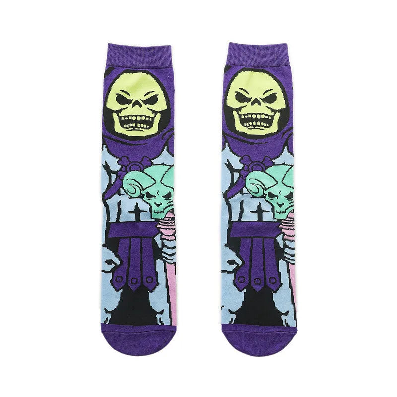 Pair of purple novelty crew socks featuring skull, alien, and tiger prints.