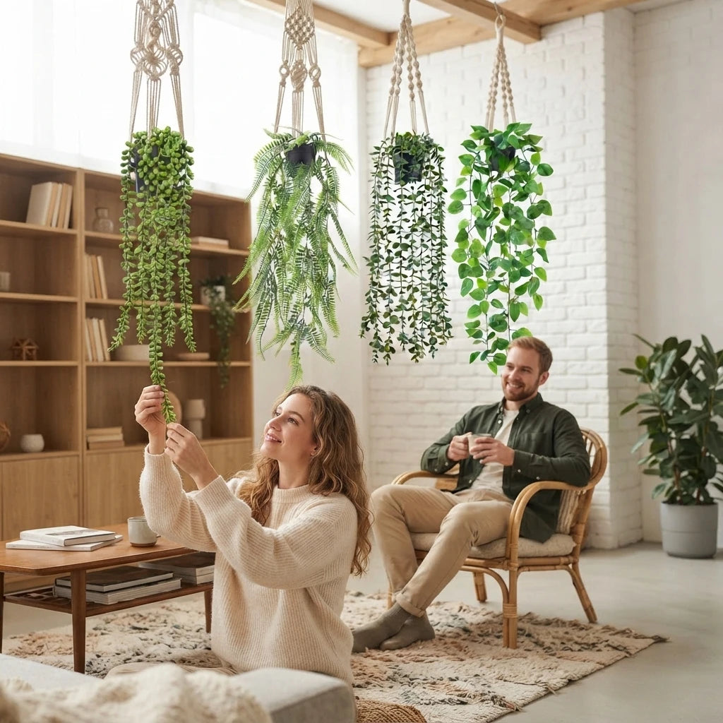 A woman is hanging artificial ivy vines in a bright room, surrounded by wooden shelves and plants.