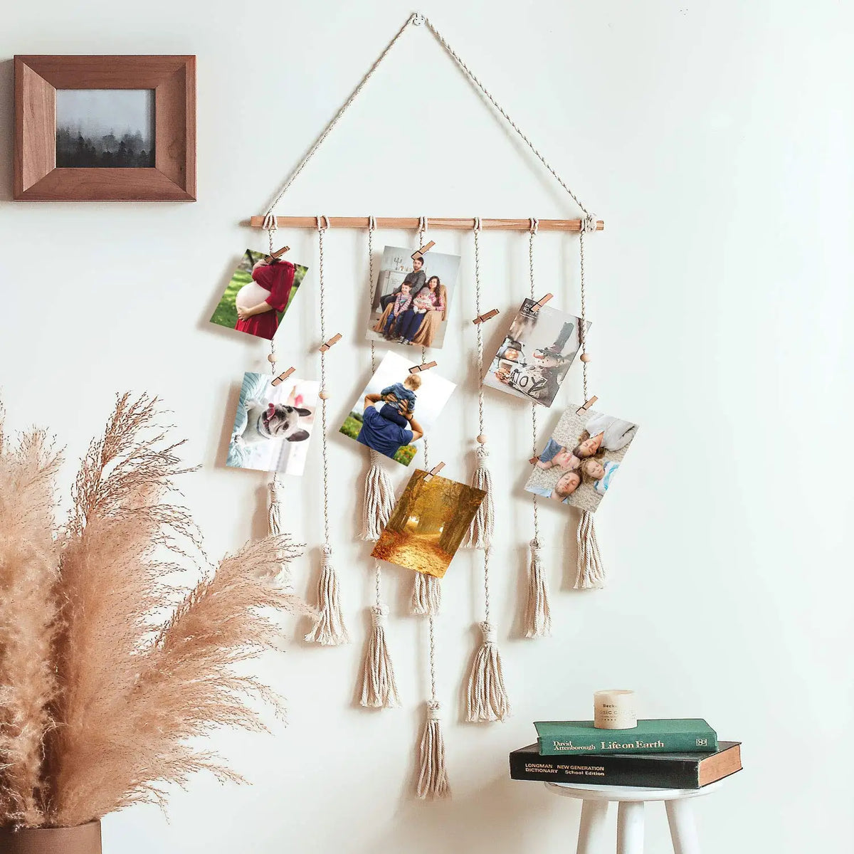 A macrame photo display hangs on a white wall, featuring multiple framed photos suspended by twine.