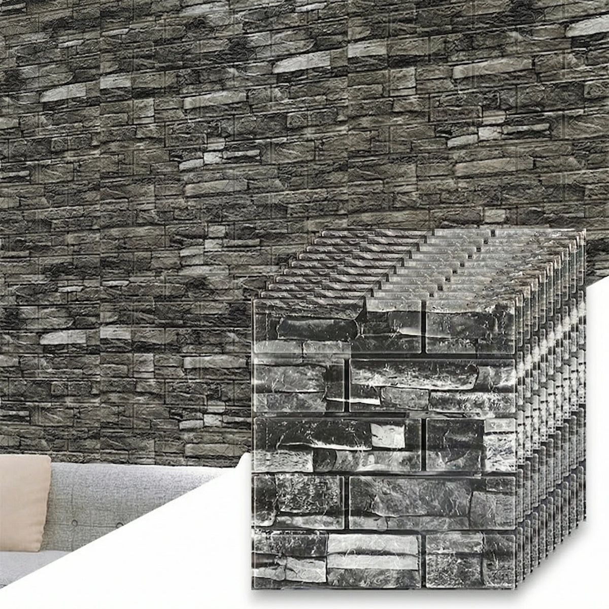 A close-up view of stacked 3D foam brick wallpaper panels in gray and black tones.