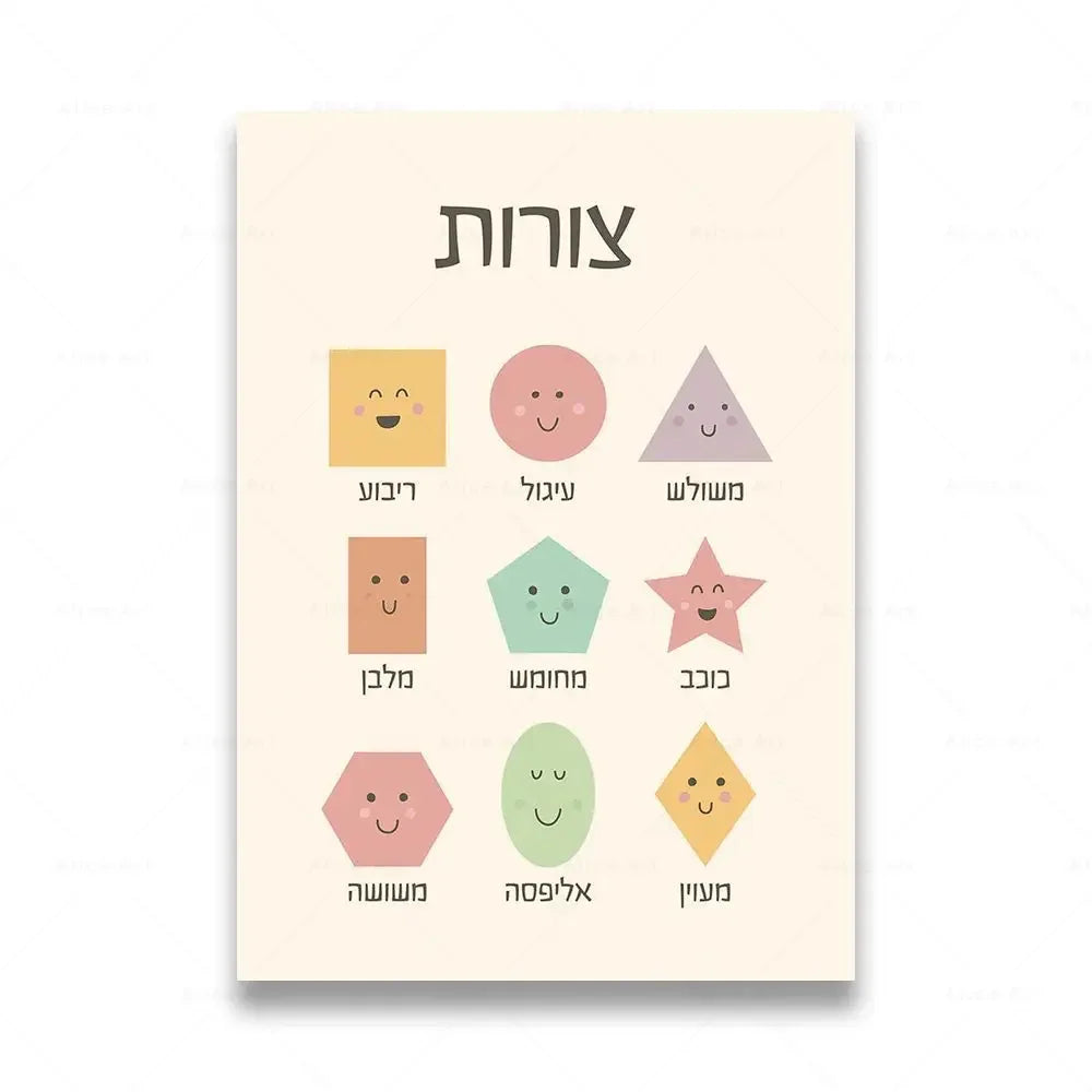 A print featuring various shapes and faces representing letters of the Hebrew alphabet in a boho style.
