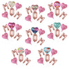 A set of six pink foil balloons shaped like the letter M and the number 0, including hearts and a star design.