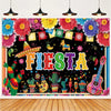 A vibrant Mexican fiesta photo backdrop featuring a sombrero, guitar, and colorful cactus designs on a black background.