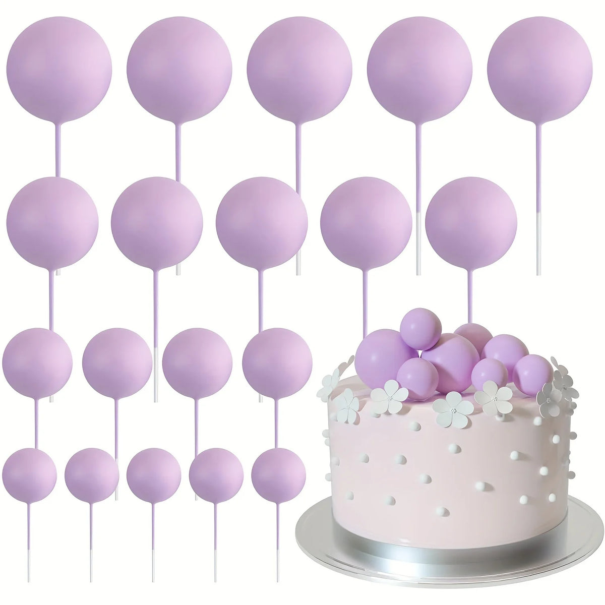 A set of twenty purple mini foam ball cake toppers on thin sticks for DIY party decor