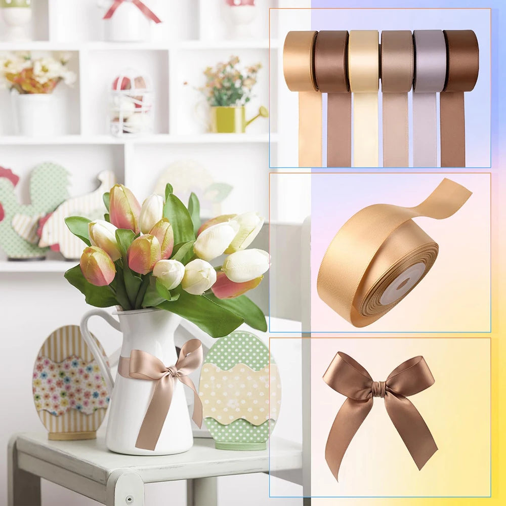 A set of satin silk ribbons in various shades of beige and brown, including a roll and bow shapes.