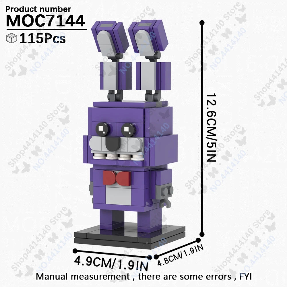 A purple Five Nights at Freddy's character model built from building blocks, shown standing upright.