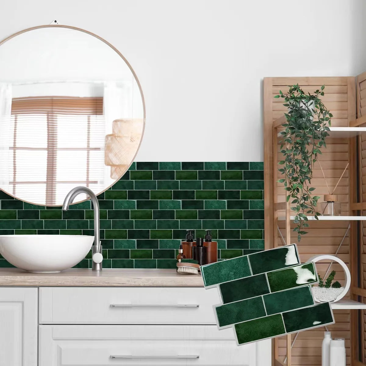 A kitchen backsplash featuring dark green rectangular vinyl tiles installed above a white countertop and sink.