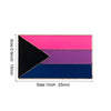 A rectangular lapel pin featuring five horizontal colored stripes: pink, purple, blue, black, and a black triangle shape.