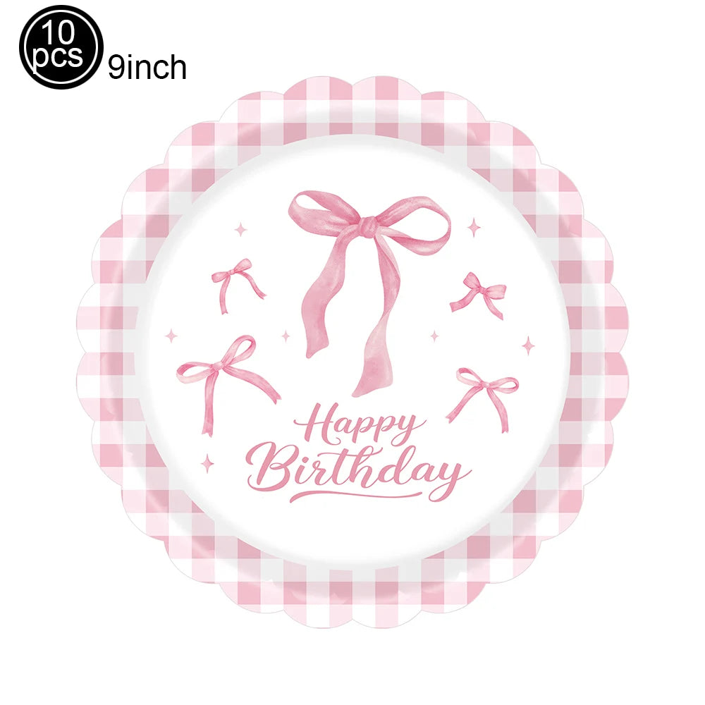 Pink bow themed birthday party supplies set featuring a pink gingham paper plate with a birthday message