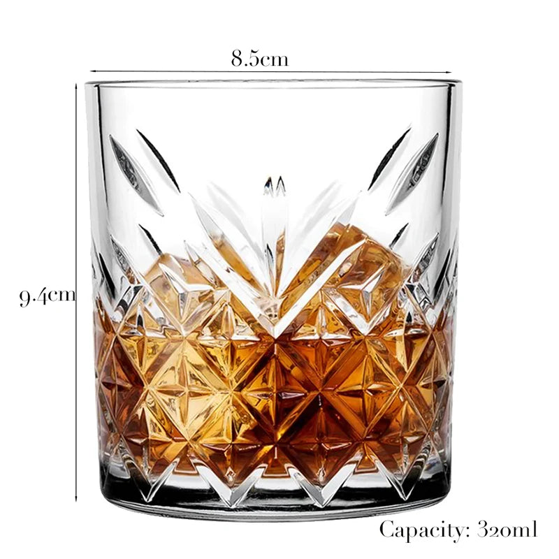 A clear whiskey glass with a heavy base and faceted design, showing its dimensions and 320ml capacity.