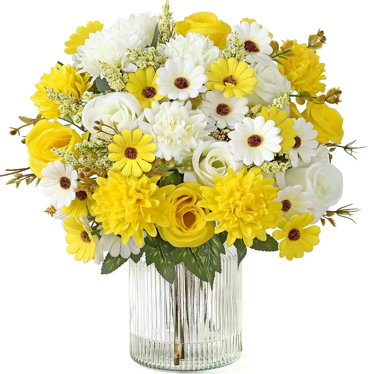 A vibrant bouquet of yellow and white artificial silk roses and daisies in a clear glass vase.