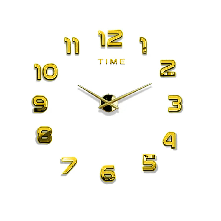 A modern 3D acrylic wall clock face with gold-colored numbers displaying the time.