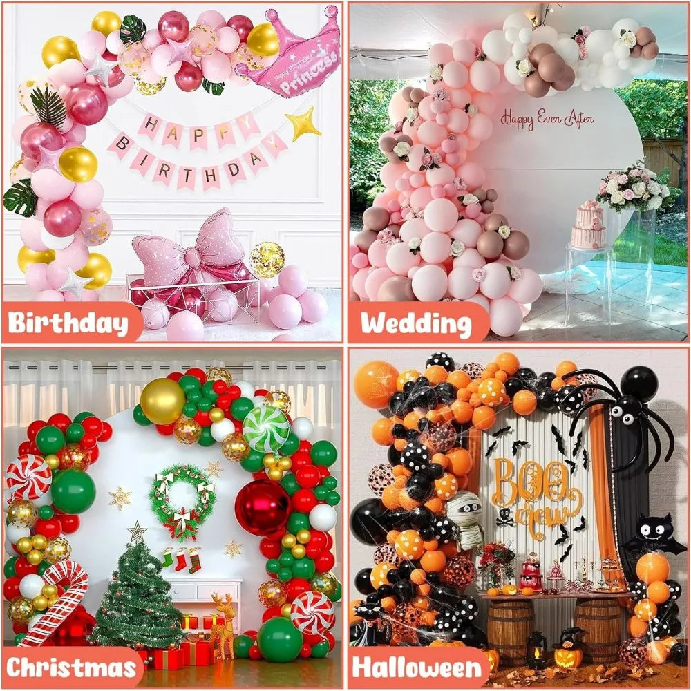 A collection of balloon arches for various events including birthday, wedding, Christmas, and Halloween