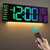 A digital wall clock displaying 12:00 with an RGB mood light, shown above a hand holding a remote control.