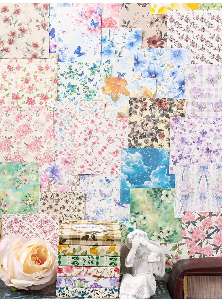 A collage of vintage floral papers, including roses and blue flowers, used for junk journals and scrapbooking.