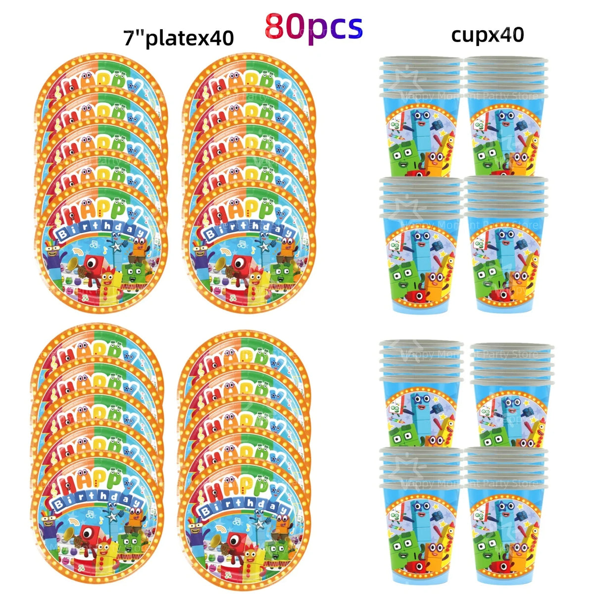 A set of 80 colorful birthday party decorations featuring plastic cups and plates with various character designs.