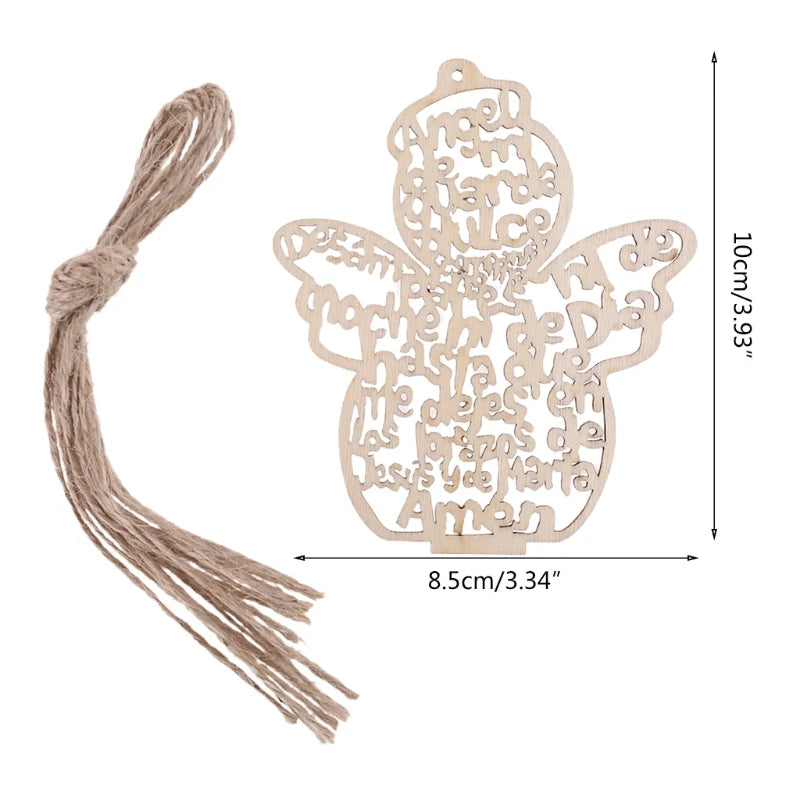A wooden angel ornament cut in the shape of an angel with intricate text, attached to a hemp rope.