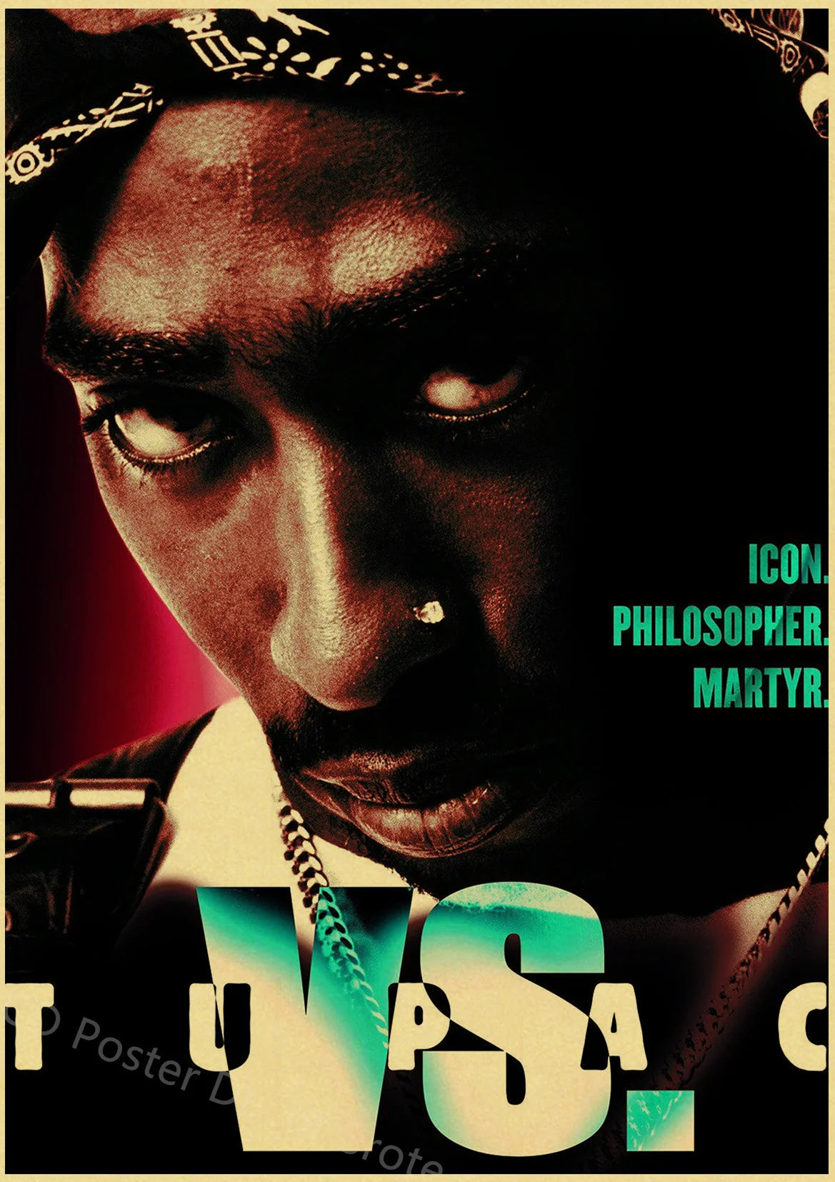 A close-up portrait of Tupac featuring intense eyes and a beaded necklace against a dark background.