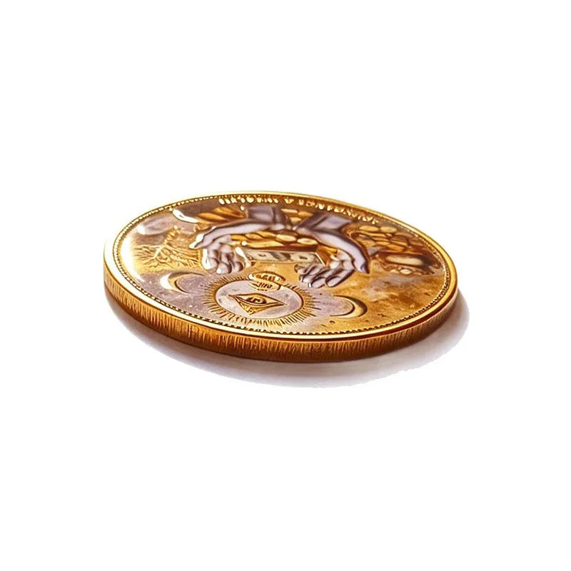 A round gold commemorative coin featuring the Eye of Providence design.