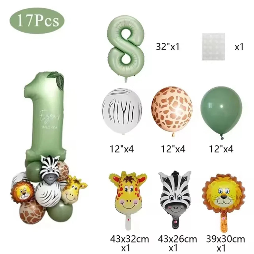 Safari jungle birthday balloon arch kit featuring sage green number balloons and various sized balloons