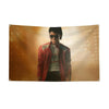 A portrait of Michael Jackson wearing sunglasses and a red jacket displayed on a banner.