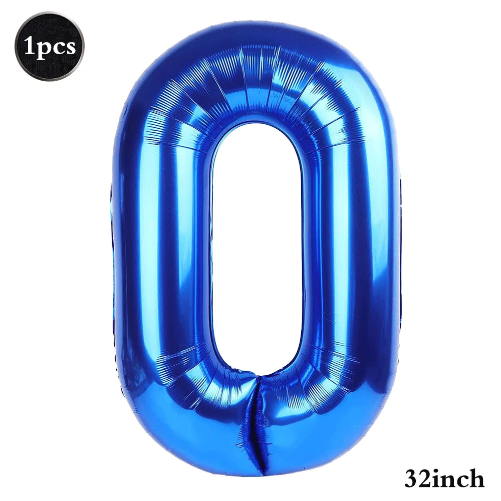 A shiny blue foil balloon shaped like the number zero, measuring 32 inches.
