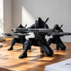 Three figures dressed in black ninja outfits are posed holding and using a silver pen holder desk organizer on a wooden surfa
