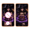 Fantasy art bar featuring a dark-haired woman in a witch costume with glowing purple magic and a cake.