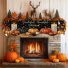 An autumn harvest fireplace mantel decorated with seasonal foliage, pumpkins, and deer figures.