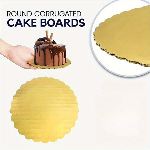 Round corrugated cake boards in gold color shown next to a hand holding a decorated cake.