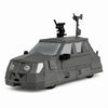 A black model of a Storm Chaser Tornado Interceptor armored car with mounted weaponry.