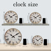 A set of wooden wall clocks showing different clock sizes and designs with Roman numerals.