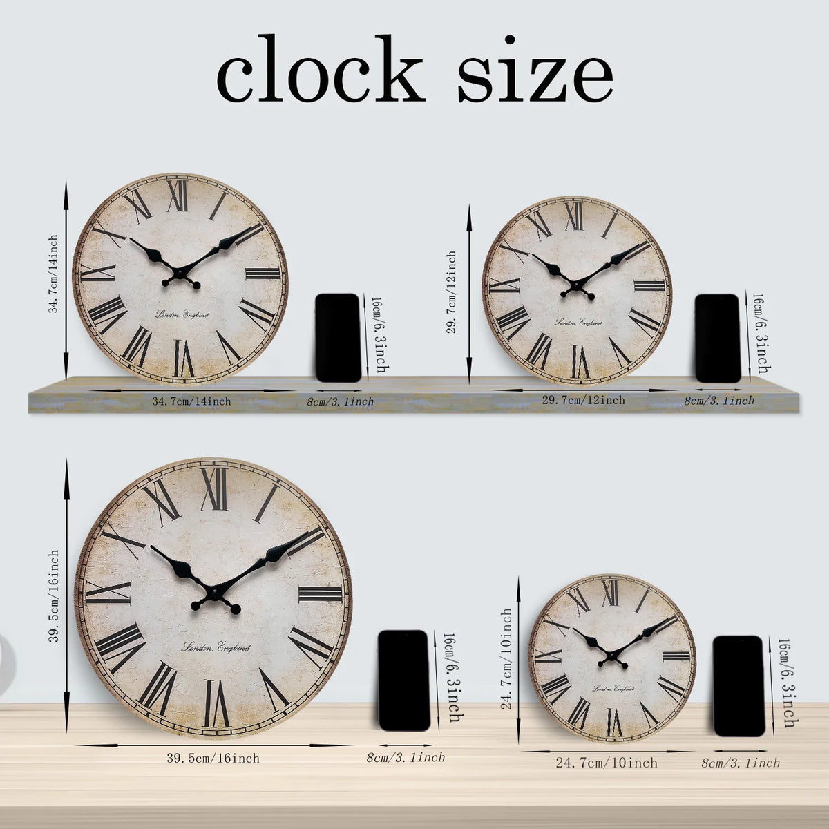A set of wooden wall clocks showing different clock sizes and designs with Roman numerals.