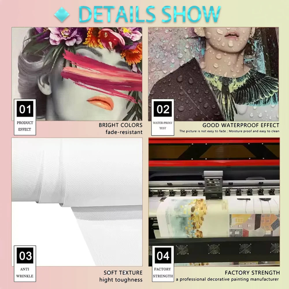 A display showing details of a product including bright colors, fade-resistant fabric texture, and factory strength.