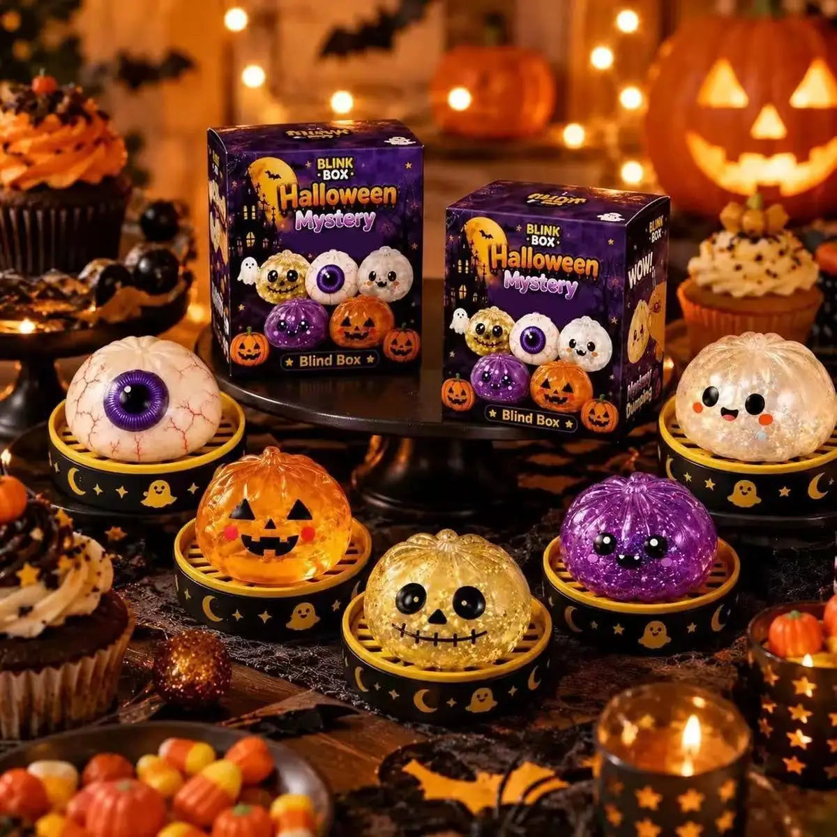 A collection of Halloween simulation baozi ghost dumpling toys and pumpkin decorations displayed on a dark surface.