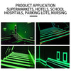 Glow-in-the-dark safety warning tape illuminating stairs and doorways in various indoor environments.