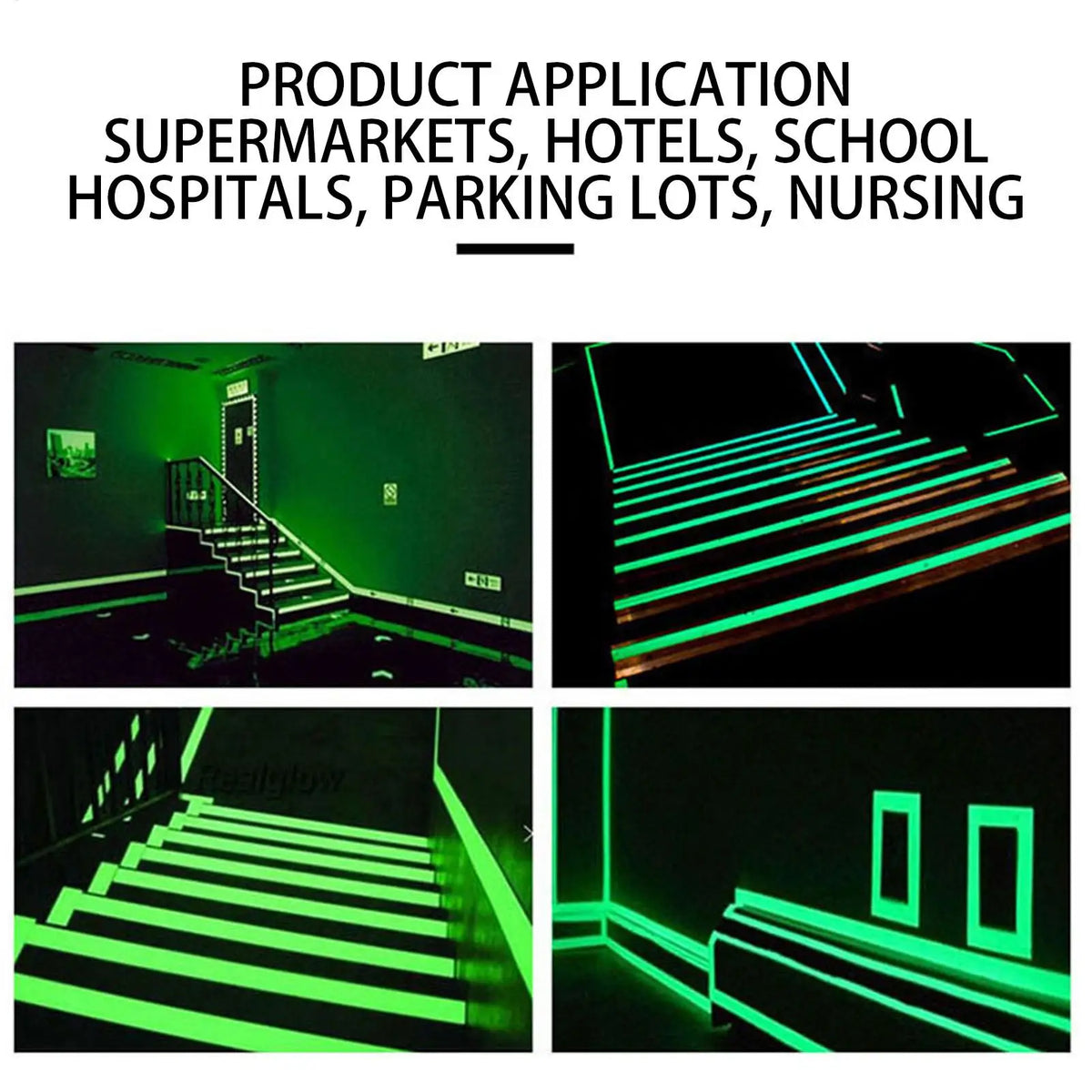 Glow-in-the-dark safety warning tape illuminating stairs and doorways in various indoor environments.
